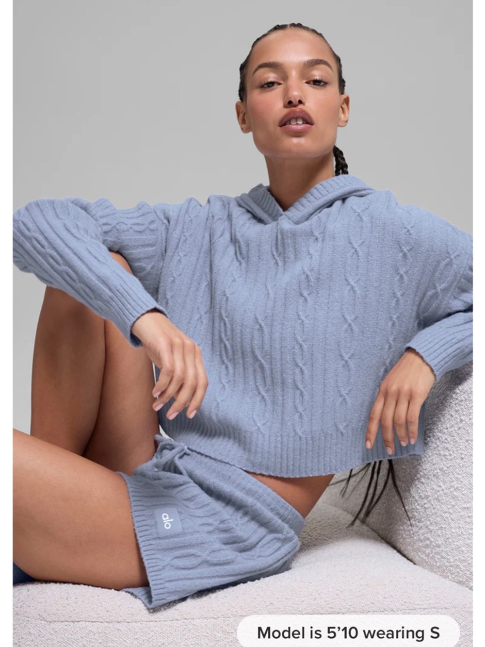ALO Yoga Light Blue Cable Knit Hooded Sweater